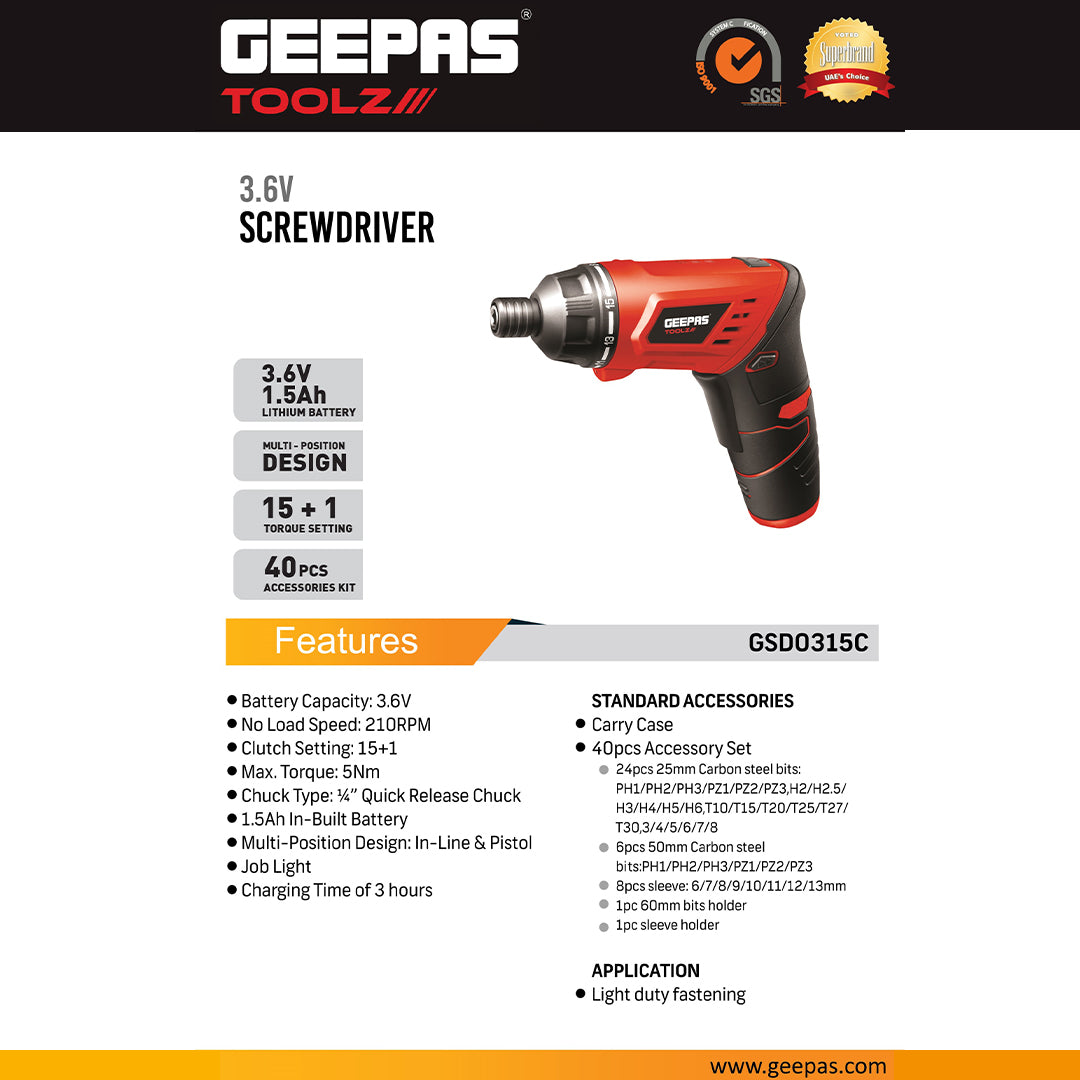 Geepas GSD0315C 3.6V Cordless Screwdriver with 40-Piece Accessory Kit | 1.5Ah Lithium Battery | 1/4" quick-release chuck | Built-in LED job light | Fast charging
