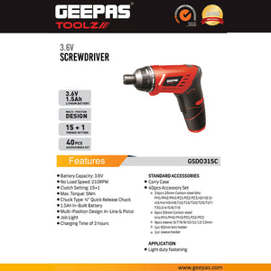 Geepas GSD0315C 3.6V Cordless Screwdriver with 40-Piece Accessory Kit | 1.5Ah Lithium Battery | 1/4" quick-release chuck | Built-in LED job light | Fast charging