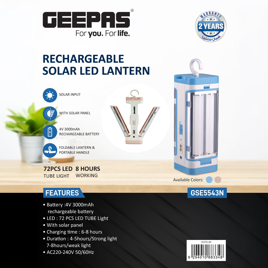 Geepas GSE5543 Rechargeable Solar LED Lantern | 72 LEDs| 4V 3000mAh Battery| Solar Panel| Foldable Design| Strong & Weak Light Modes| 8 Hours Runtime| 2 Years Warranty