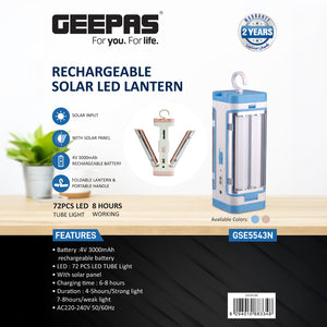 Geepas GSE5543 Rechargeable Solar LED Lantern | 72 LEDs| 4V 3000mAh Battery| Solar Panel| Foldable Design| Strong & Weak Light Modes| 8 Hours Runtime| 2 Years Warranty