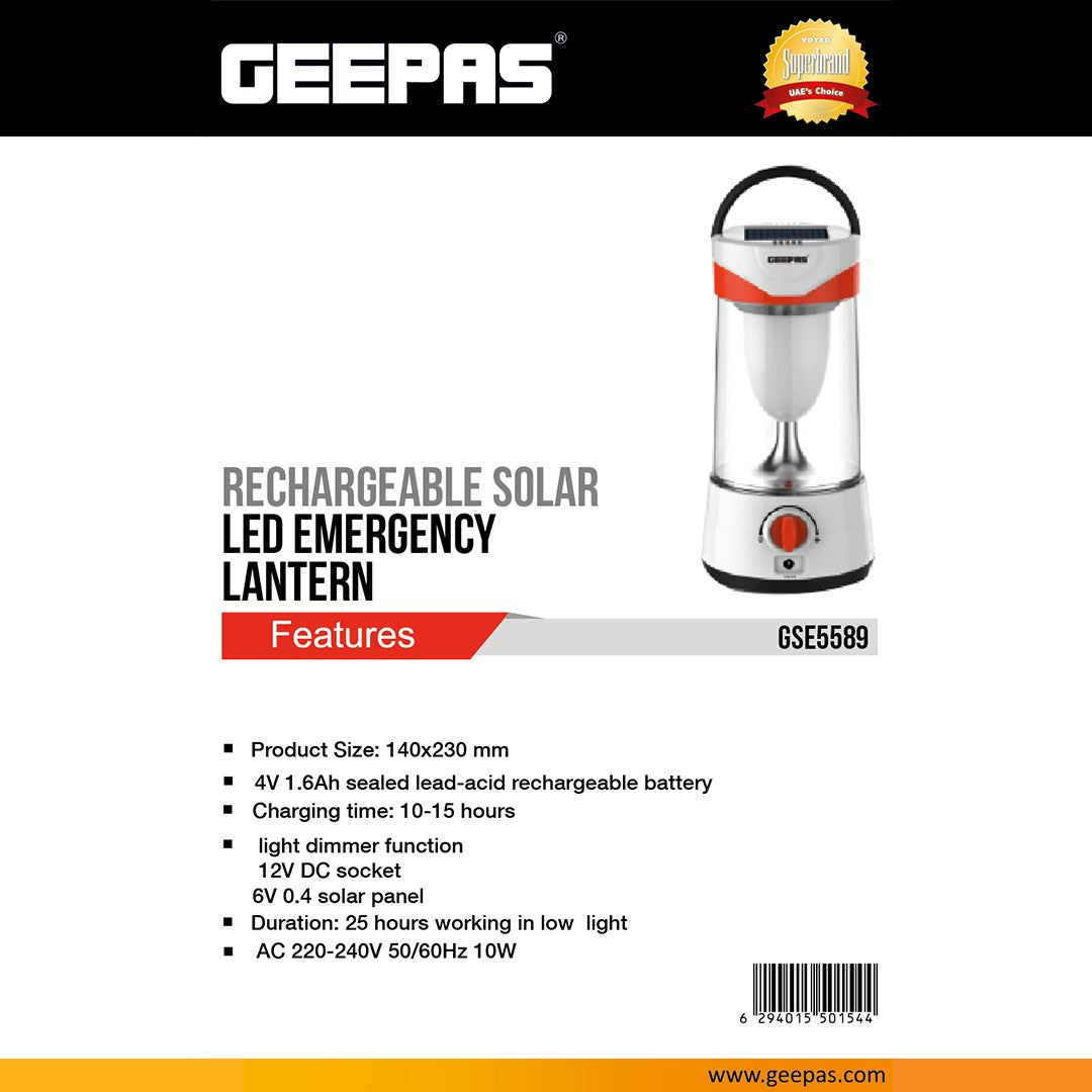 Geepas GSE5589 Rechargeable Solar LED Emergency Lantern | 4V 1.6Ah Lead-Acid Battery| Built-In 6V Solar Panel | Light Dimmer Function | 25-Hour Low-Light Runtime