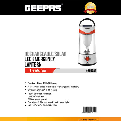 Geepas GSE5589 Rechargeable Solar LED Emergency Lantern | 4V 1.6Ah Lead-Acid Battery| Built-In 6V Solar Panel | Light Dimmer Function | 25-Hour Low-Light Runtime