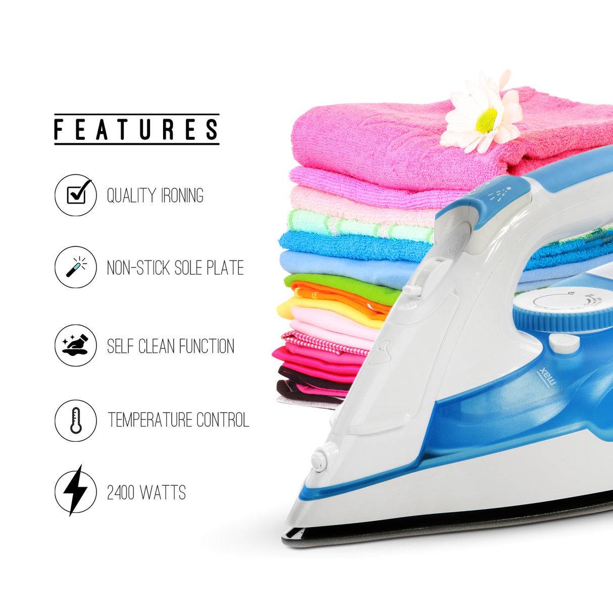 Geepas GSI7809 Steam Iron | 2400W Powerful Iron with Non-Stick Soleplate| Spray & Steam Function| Self-Clean| Variable Temperature Control | 240ml Tank| 2 Years Warranty