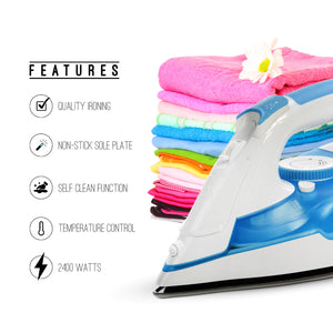 Geepas GSI7809 Steam Iron | 2400W Powerful Iron with Non-Stick Soleplate| Spray & Steam Function| Self-Clean| Variable Temperature Control | 240ml Tank| 2 Years Warranty