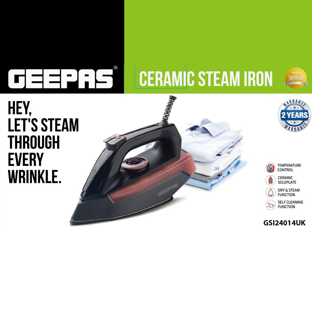 Geepas GSI24014UK 2400W Ceramic Steam Iron | Ceramic Soleplate |  Steam Burst & Self-Clean Function | Adjustable Temperature Control | Safe & Reliable Operation