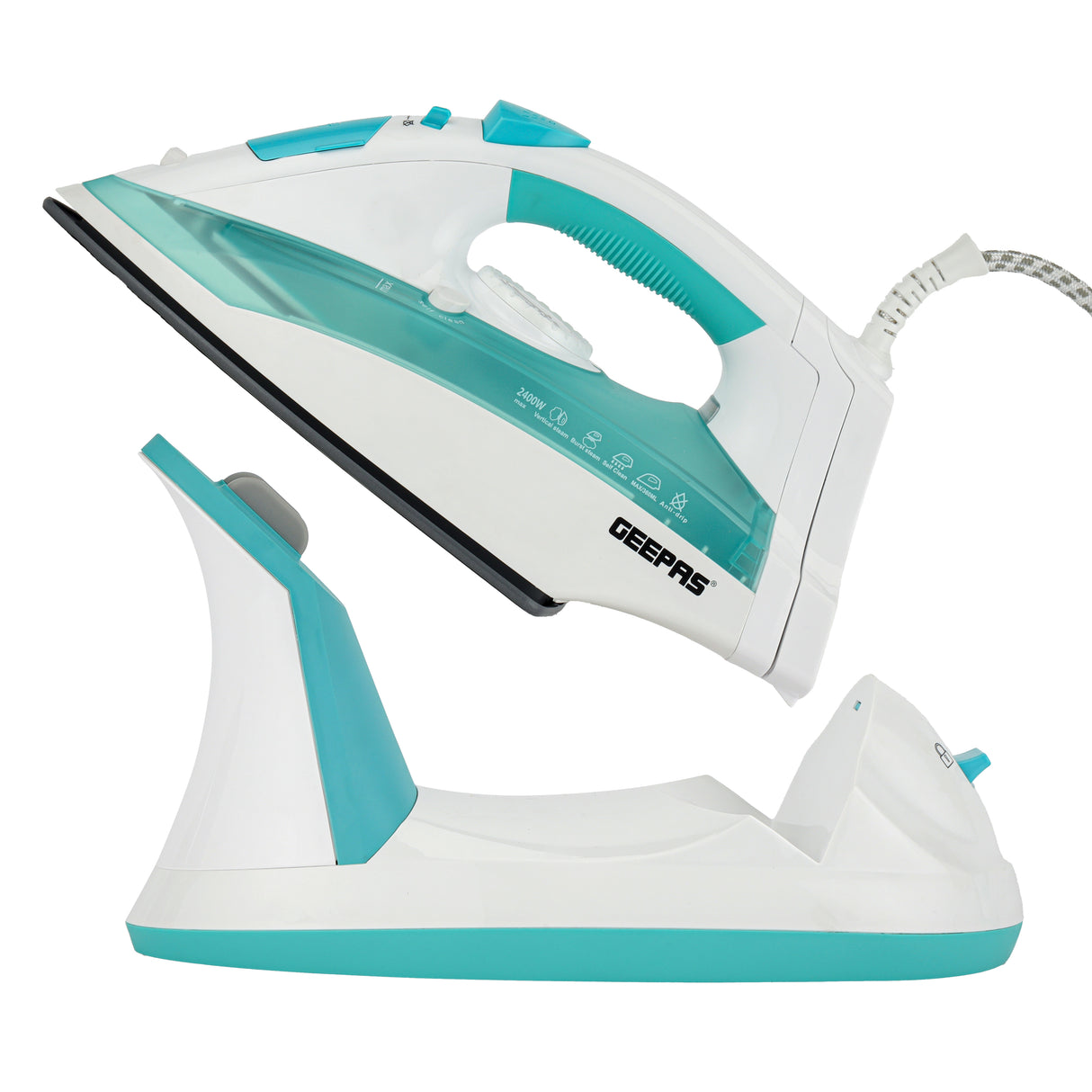 Geepas Steam Iron- GSI24015/ Cord and Cordless Use, Ironing Box with Ceramic-Coated Soleplate and Self-Cleaning Function/ Comfortable Handle and Handy Design