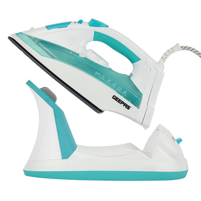 Geepas Steam Iron- GSI24015/ Cord and Cordless Use, Ironing Box with Ceramic-Coated Soleplate and Self-Cleaning Function/ Comfortable Handle and Handy Design