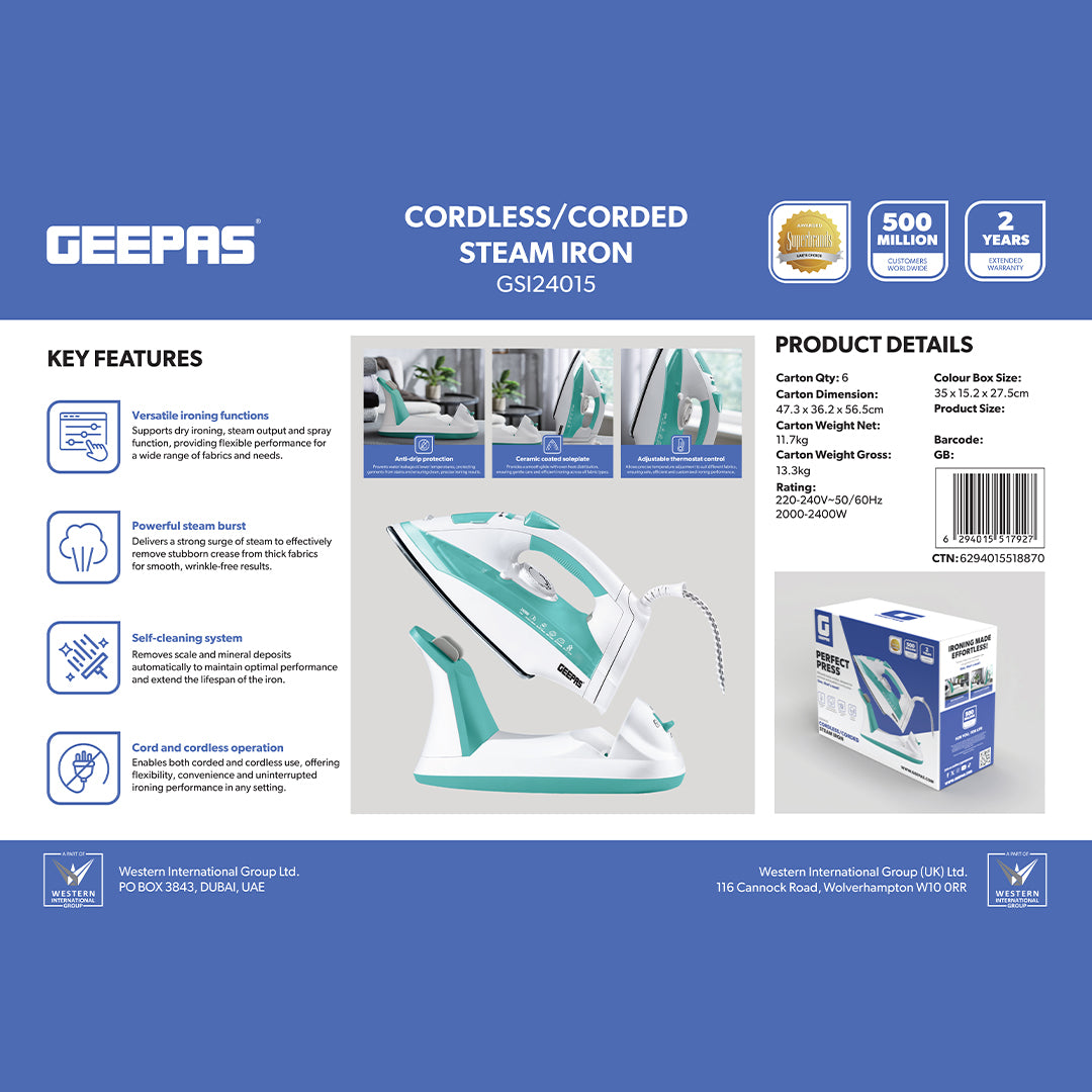 Geepas GSI24015 Cordless/Corded Steam Iron 2400W | Ceramic Soleplate | Powerful Steam Burst | Dry, Steam & Spray Functions  | Anti-Drip Protection | Self-Cleaning System