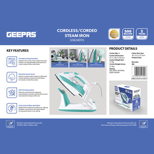 Geepas GSI24015 Cordless/Corded Steam Iron 2400W | Ceramic Soleplate | Powerful Steam Burst | Dry, Steam & Spray Functions  | Anti-Drip Protection | Self-Cleaning System