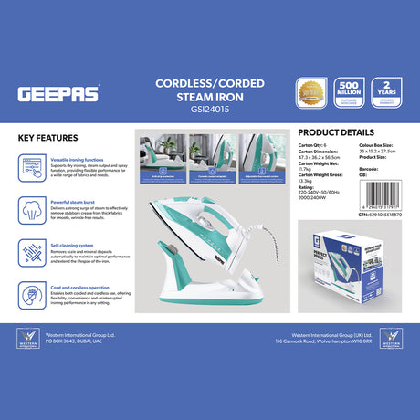 Geepas GSI24015 Cordless/Corded Steam Iron 2400W | Ceramic Soleplate | Powerful Steam Burst | Dry, Steam & Spray Functions  | Anti-Drip Protection | Self-Cleaning System