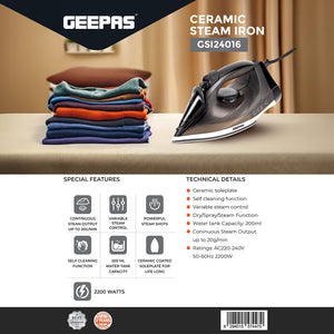 Geepas Ceramic Steam Iron GSI24016|2200W, Dry, Spray & Steam Functions, 200ml Tank, Self-Cleaning, Powerful Shots, Compact Handy Design, Ceramic Soleplate, 2Year Warranty