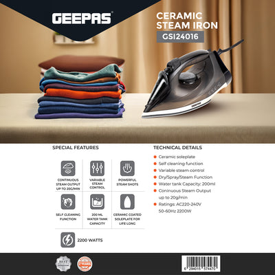 Geepas Ceramic Steam Iron GSI24016|2200W, Dry, Spray & Steam Functions, 200ml Tank, Self-Cleaning, Powerful Shots, Compact Handy Design, Ceramic Soleplate, 2Year Warranty