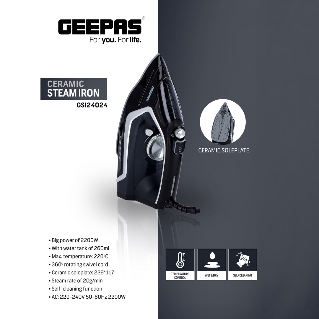 Geepas GSI24024 Ceramic Steam Iron | 2200W Powerful Performance | 260ml Tank | 360° Swivel Cord | 20g/min Steam Output | Self-Cleaning & Temperature Control Iron