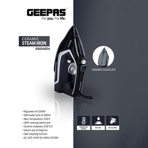 Geepas GSI24024 Ceramic Steam Iron | 2200W Powerful Performance | 260ml Tank | 360° Swivel Cord | 20g/min Steam Output | Self-Cleaning & Temperature Control Iron