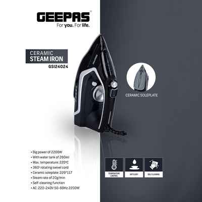 Geepas GSI24024 Ceramic Steam Iron | 2200W Powerful Performance | 260ml Tank | 360° Swivel Cord | 20g/min Steam Output | Self-Cleaning & Temperature Control Iron