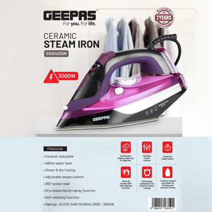 Geepas GSI24025 Ceramic Steam Iron | 3000W Powerful Iron with 480ml Water Tank | Adjustable Steam Control | Burst & Spray Function | Self-Cleaning | 2 Years Warranty
