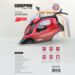 Geepas Ceramic Steam Iron GSI24026 | 3100W, Ceramic Soleplate, Anti-Calc & Anti-Drip, 350ml Tank, Comfortable Handle, Multi-Function, 2-Year Warranty, Red/Black