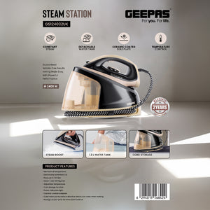 Geepas GSI24032UK 2400W Steam Station | 1.2L Detachable Water Tank | Ceramic Coated Soleplate | Steam Boost Function & Adjustable Temperature Control | 2 Years Warranty