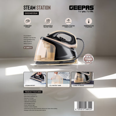 Geepas GSI24032UK 2400W Steam Station | 1.2L Detachable Water Tank | Ceramic Coated Soleplate | Steam Boost Function & Adjustable Temperature Control | 2 Years Warranty