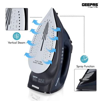 Geepas GSI7703 Ceramic Steam Iron | 2400W Powerful Steam Iron with 220ml Water Tank| Ceramic Soleplate| Self-Cleaning Function| Temperature Control & 2 Years Warranty