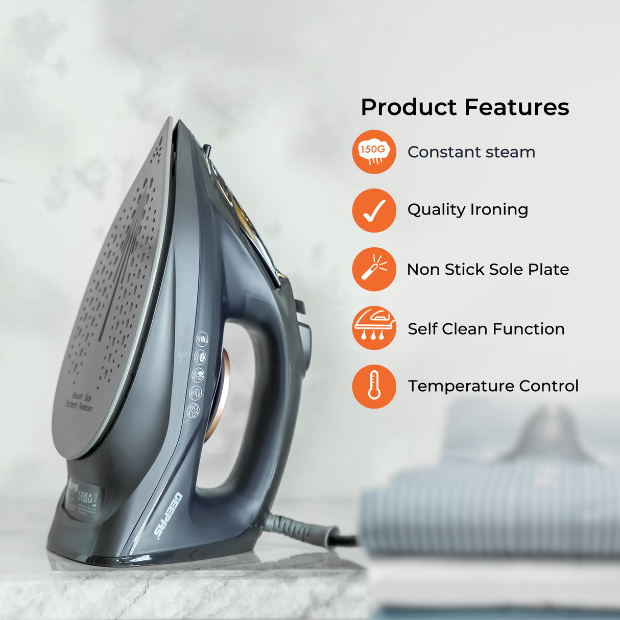 Geepas GSI7703N Ceramic Steam Iron (2400W) with temperature control, self-cleaning, and wet & dry functions