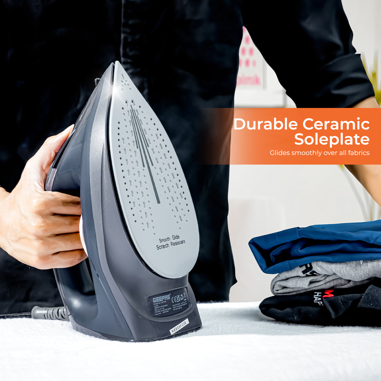 Geepas GSI7703N Ceramic Steam Iron (2400W) with temperature control, self-cleaning, and wet & dry functions
