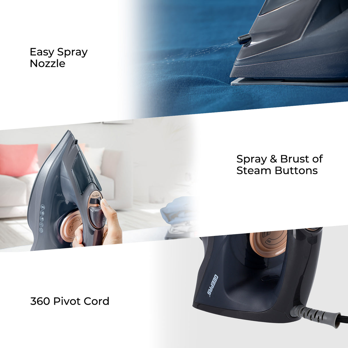 Geepas GSI7703N Ceramic Steam Iron (2400W) with temperature control, self-cleaning, and wet & dry functions