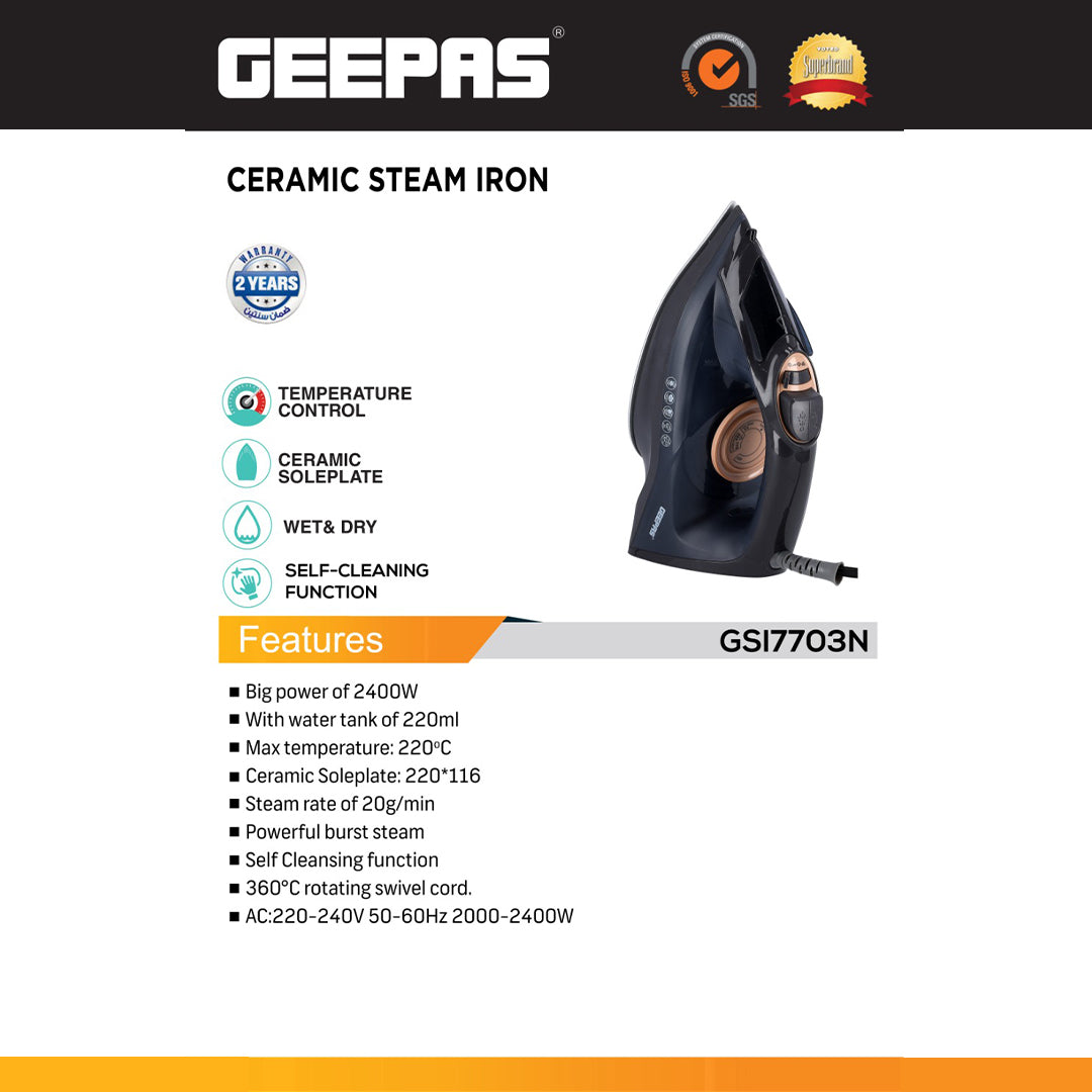 Geepas GSI7703 Ceramic Steam Iron | 2400W Powerful Steam Iron with 220ml Water Tank| Ceramic Soleplate| Self-Cleaning Function| Temperature Control & 2 Years Warranty