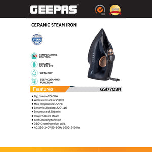 Geepas GSI7703 Ceramic Steam Iron | 2400W Powerful Steam Iron with 220ml Water Tank| Ceramic Soleplate| Self-Cleaning Function| Temperature Control & 2 Years Warranty