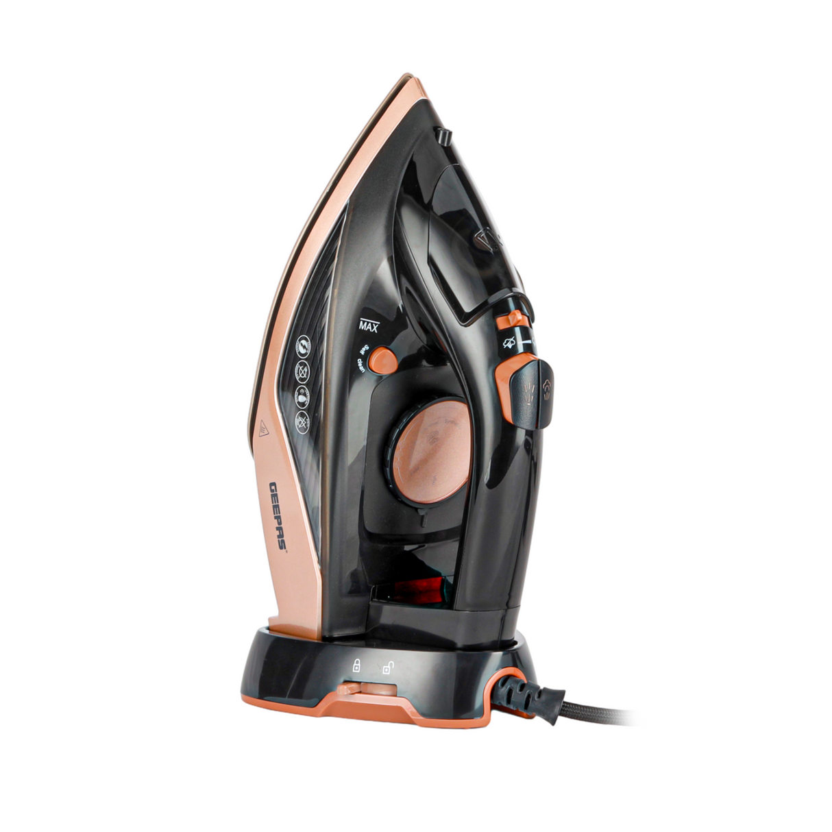 Geepas Steam Iron- GSI7785 Cord and Cordless Use,Ceramic-Coated Soleplate and Self-Cleaning Function, 350 ml Water Tank, Suitable for All Kinds of Fabric, 2200 W Power,2 Years Warranty, Rose Gold and Black