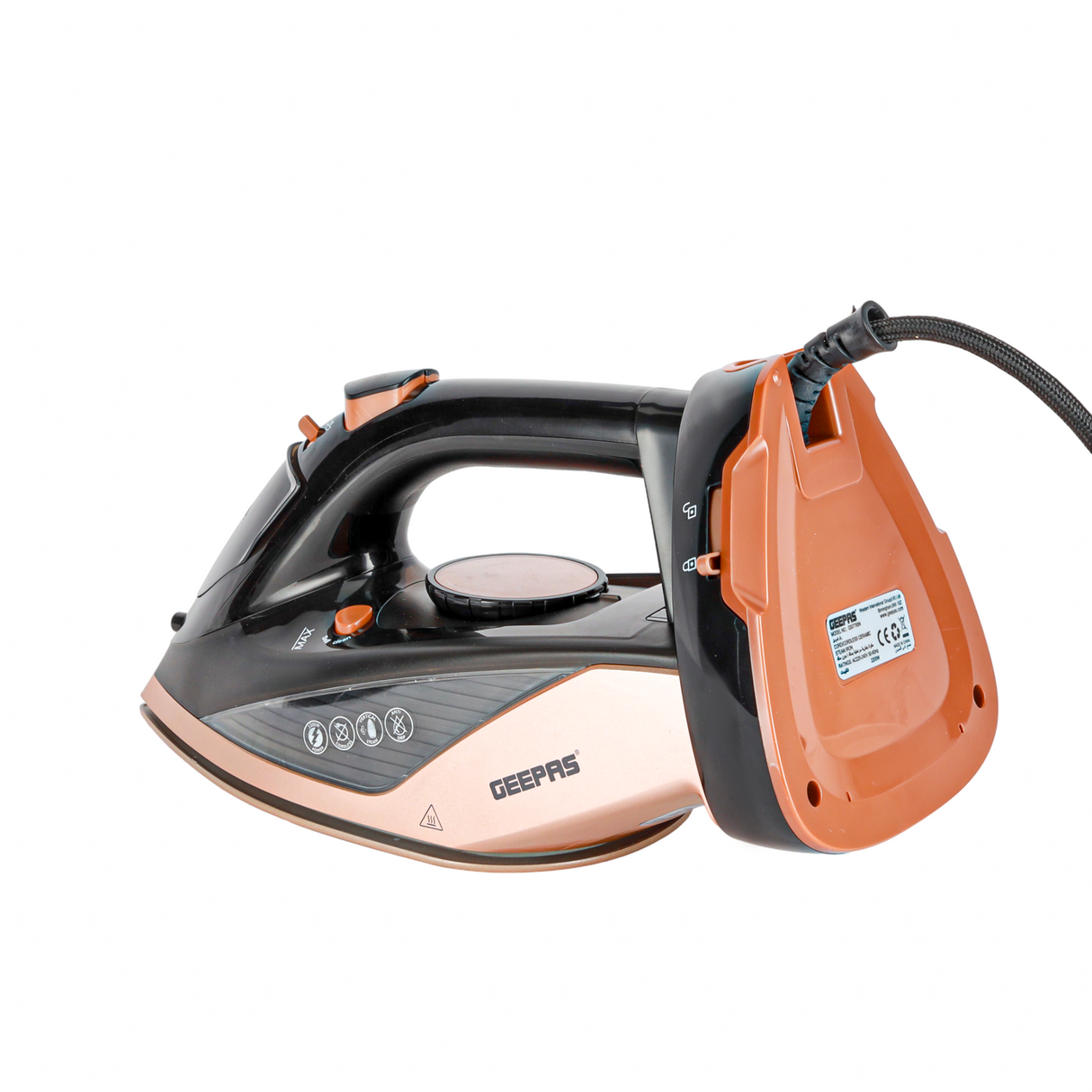 Geepas Steam Iron- GSI7785 Cord and Cordless Use,Ceramic-Coated Soleplate and Self-Cleaning Function, 350 ml Water Tank, Suitable for All Kinds of Fabric, 2200 W Power,2 Years Warranty, Rose Gold and Black