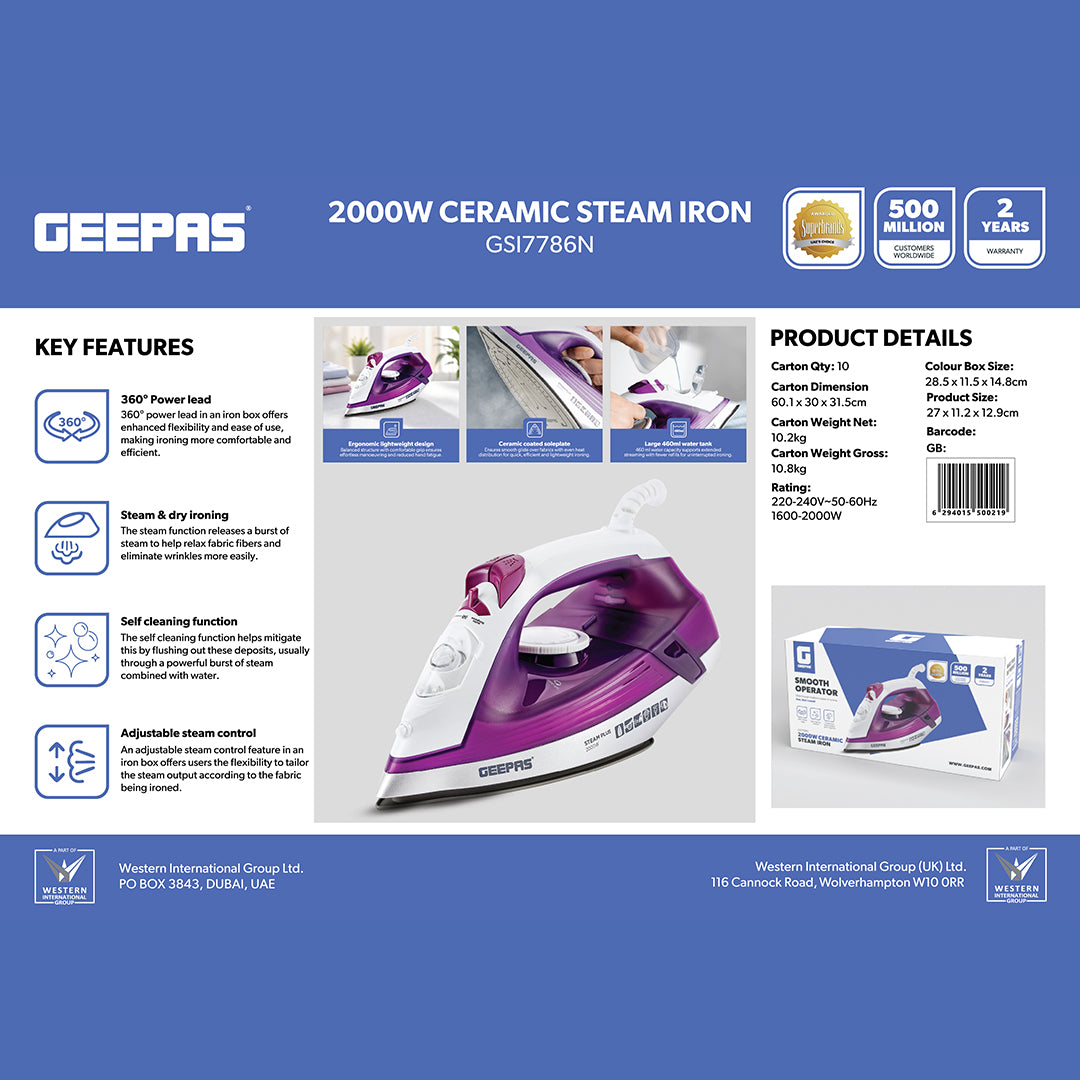 Geepas GSI7786 Ceramic Steam Iron | 2000W Power | 220ml Water Tank| Adjustable Steam Control | 360° Swivel Cord | Self-Cleaning & Anti-Drip Function| 2-Year Warranty