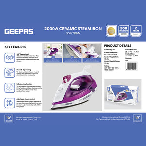 Geepas GSI7786 Ceramic Steam Iron | 2000W Power | 220ml Water Tank| Adjustable Steam Control | 360° Swivel Cord | Self-Cleaning & Anti-Drip Function| 2-Year Warranty