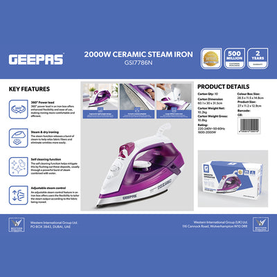 Geepas GSI7786 Ceramic Steam Iron | 2000W Power | 220ml Water Tank| Adjustable Steam Control | 360° Swivel Cord | Self-Cleaning & Anti-Drip Function| 2-Year Warranty