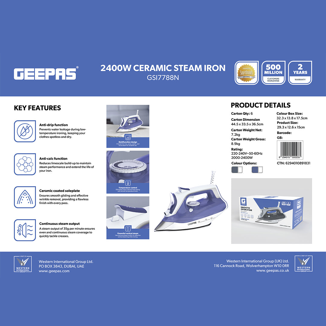 Geepas GSI7788 2400W Ceramic Steam Iron | Anti-Drip & Anti-Calc Iron | Continuous Steam Output | Powerful Steam Burst  | Vertical Steam Function | Anti-Drip Function