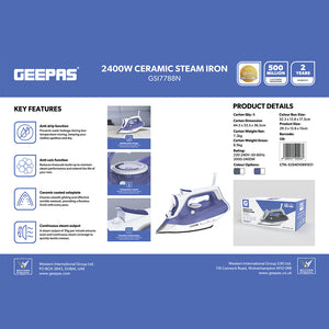 Geepas GSI7788 2400W Ceramic Steam Iron | Anti-Drip & Anti-Calc Iron | Continuous Steam Output | Powerful Steam Burst  | Vertical Steam Function | Anti-Drip Function