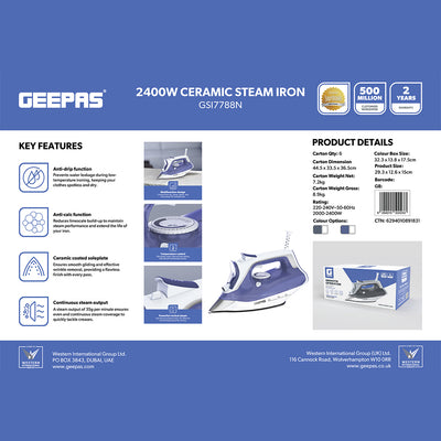 Geepas GSI7788 2400W Ceramic Steam Iron | Anti-Drip & Anti-Calc Iron | Continuous Steam Output | Powerful Steam Burst  | Vertical Steam Function | Anti-Drip Function