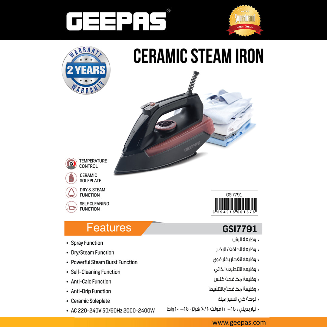 Geepas GSI7791 Ceramic Steam Iron | 2400W Powerful Steam |  Ceramic Soleplate|  Anti-Drip|  Anti-Calc & Self-Cleaning Function | Dry/Steam Function |  2 Years Warranty