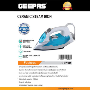 Geepas GSI7801  2400W Ceramic Steam Iron | Self-Cleaning Steam Iron | Ceramic-Coated Soleplate | Powerful Steam Boost | Three Ironing Modes |Vertical Steam Function