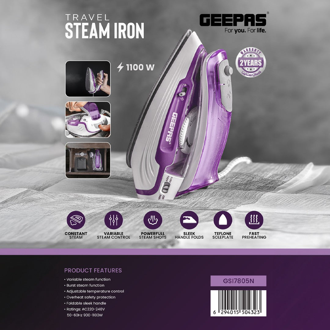 Geepas GSI7805 Travel Steam Iron | 1100W Portable Steam Iron |  Foldable Handle|  Teflon Soleplate|  Variable Steam & Burst Function | Fast Preheating|  2 Years Warranty