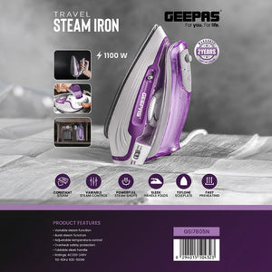 Geepas GSI7805 Travel Steam Iron | 1100W Portable Steam Iron |  Foldable Handle|  Teflon Soleplate|  Variable Steam & Burst Function | Fast Preheating|  2 Years Warranty