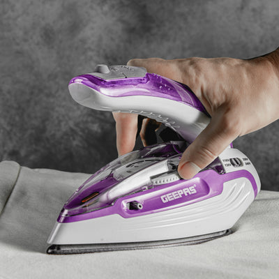Geepas Travel Iron- GSI7805/ Steam Ironing Box with Variable Steam Control, Burst, Powerful Shots/ Comfortable Foldable Handle and Handy Design/ Suitable for All Kinds of Fabric
