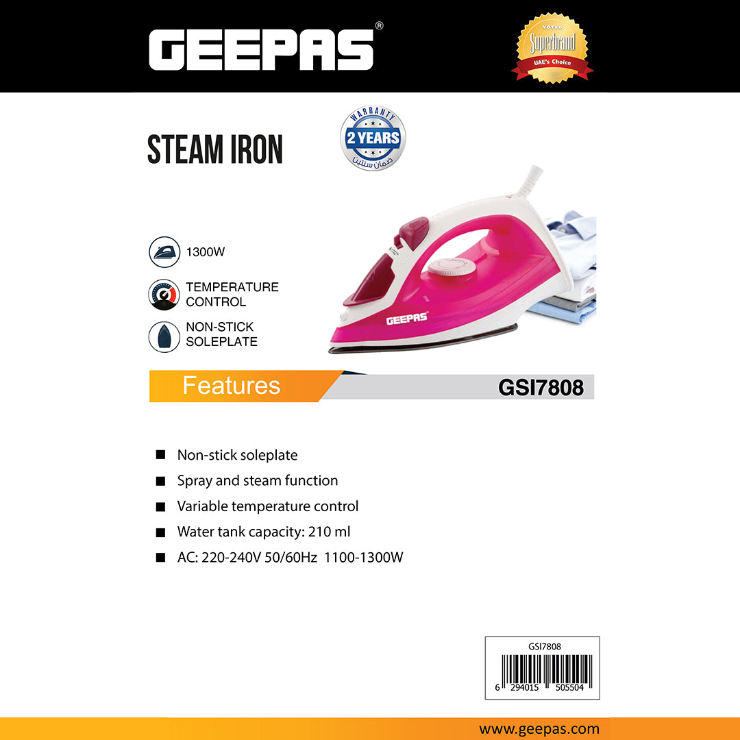 Geepas GSI7808 Steam Iron | 1300W Powerful Performance| Non-Stick Soleplate| Spray & Steam Function| Variable Temperature Control| 210ml Water Tank| 2 Years Warranty