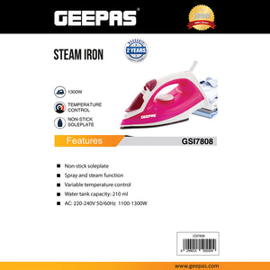 Geepas GSI7808 Steam Iron | 1300W Powerful Performance| Non-Stick Soleplate| Spray & Steam Function| Variable Temperature Control| 210ml Water Tank| 2 Years Warranty