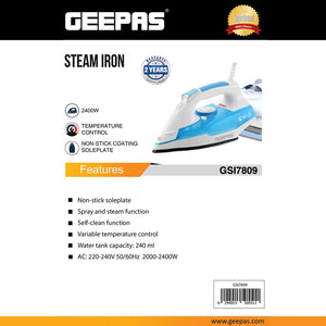 Geepas GSI7809 Steam Iron | 2400W Powerful Iron with Non-Stick Soleplate| Spray & Steam Function| Self-Clean| Variable Temperature Control | 240ml Tank| 2 Years Warranty
