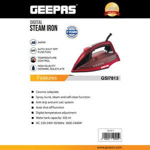 Geepas GSI7813 Digital Steam Iron | 2400W Ceramic Soleplate Iron with Auto Shut Off| Spray| Burst & Steam Function| Anti-Drip| Anti-Calc| 350ml Tank| 2 Years Warranty