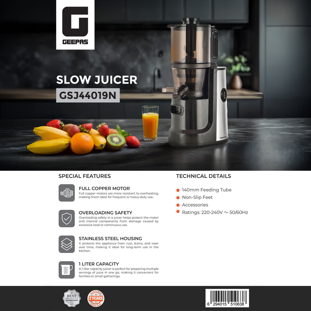 Geepas Slow Juicer- GSJ44019UK/ 1.0 Liter Capacity, Full Copper Motor, Overloading Safety/ Juicing Machine / 140 mm Feeding Tube, Non-Slip Feet, / Black, 2 Years Warranty