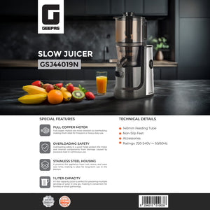 Geepas Slow Juicer- GSJ44019UK/ 1.0 Liter Capacity, Full Copper Motor, Overloading Safety/ Juicing Machine / 140 mm Feeding Tube, Non-Slip Feet, / Black, 2 Years Warranty