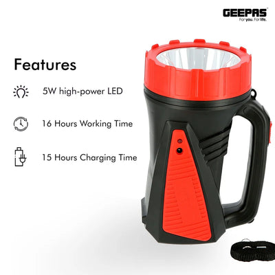 Geepas GSL5564 Rechargeable LED Search Light | Powerful 5W Mega Luminous LED| 4V6Ah Sealed Lead-Acid Battery| 16 Hours Runtime | Reliable Performance | 2 Years Warranty