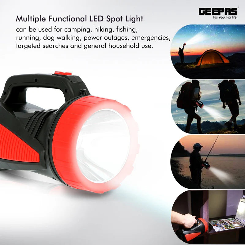 Geepas GSL5564 Rechargeable LED Search Light | Powerful 5W Mega Luminous LED| 4V6Ah Sealed Lead-Acid Battery| 16 Hours Runtime | Reliable Performance | 2 Years Warranty